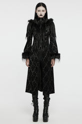 Black Stand Collar Long Sleeves Jacquard Print Stitching Hooded Women's Gothic Coat